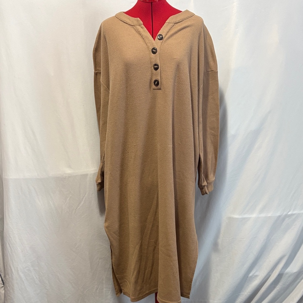 SHEIN Camel Long-Sleeve Waffle Knit Hooded Dress